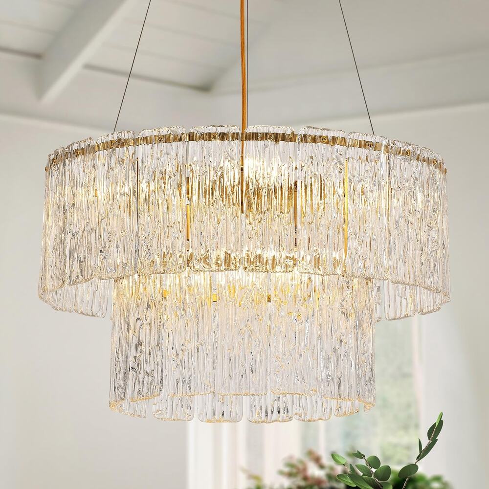 Tunkayli 20" Gold Crystal Chandelier 6-Light 2-Tier Ripple Glass Drum MD101-C6